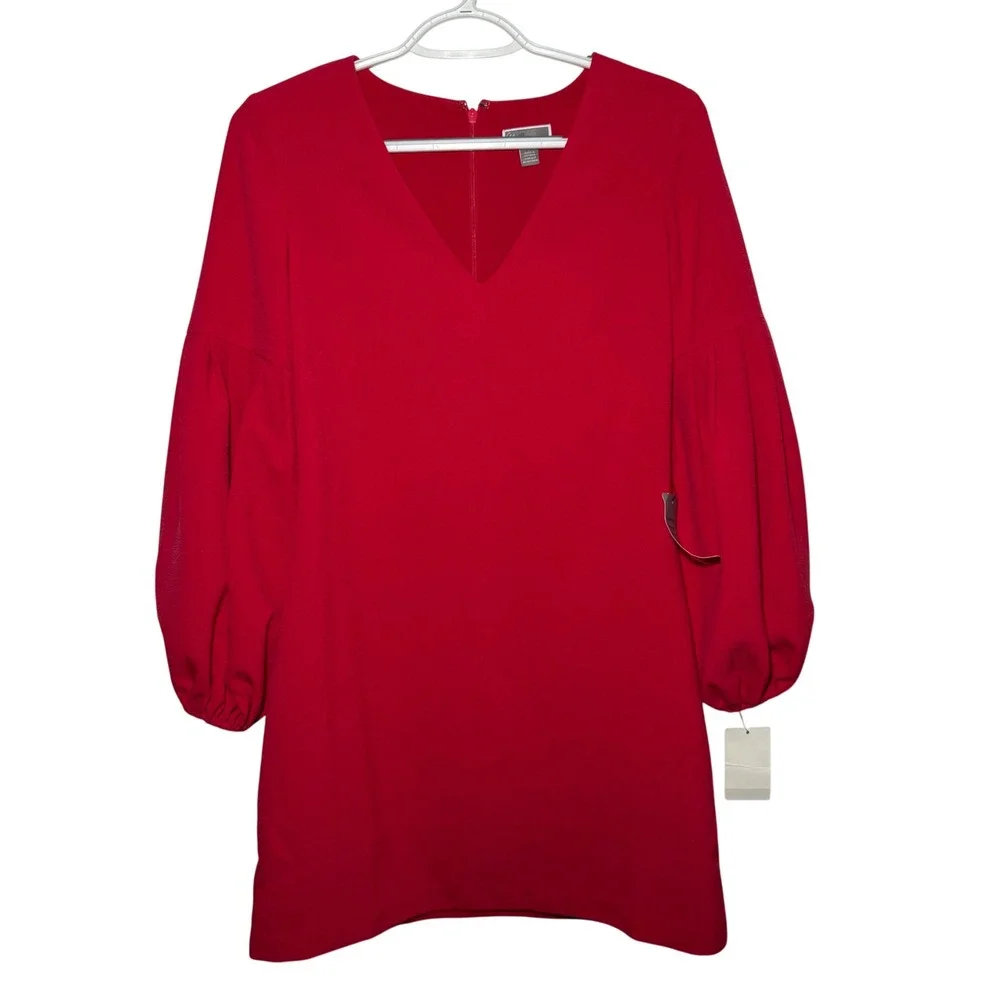 Chelsea 28 Red V‎ Neck Bishop Sleeve Crepe Shift Dress Womens 0 cocktail party